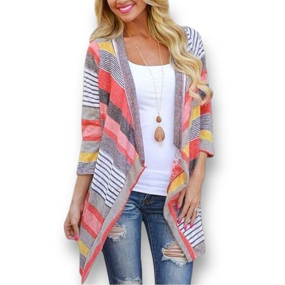 DEARCASE Women's 3/4 Sleeve Cardigans Striped Printed Open Front Draped Kimono - Picture 1 of 16
